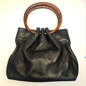 Authentic Chanel Black Quilted Lambskin Wood Top Handle Bag | Vintage RARE